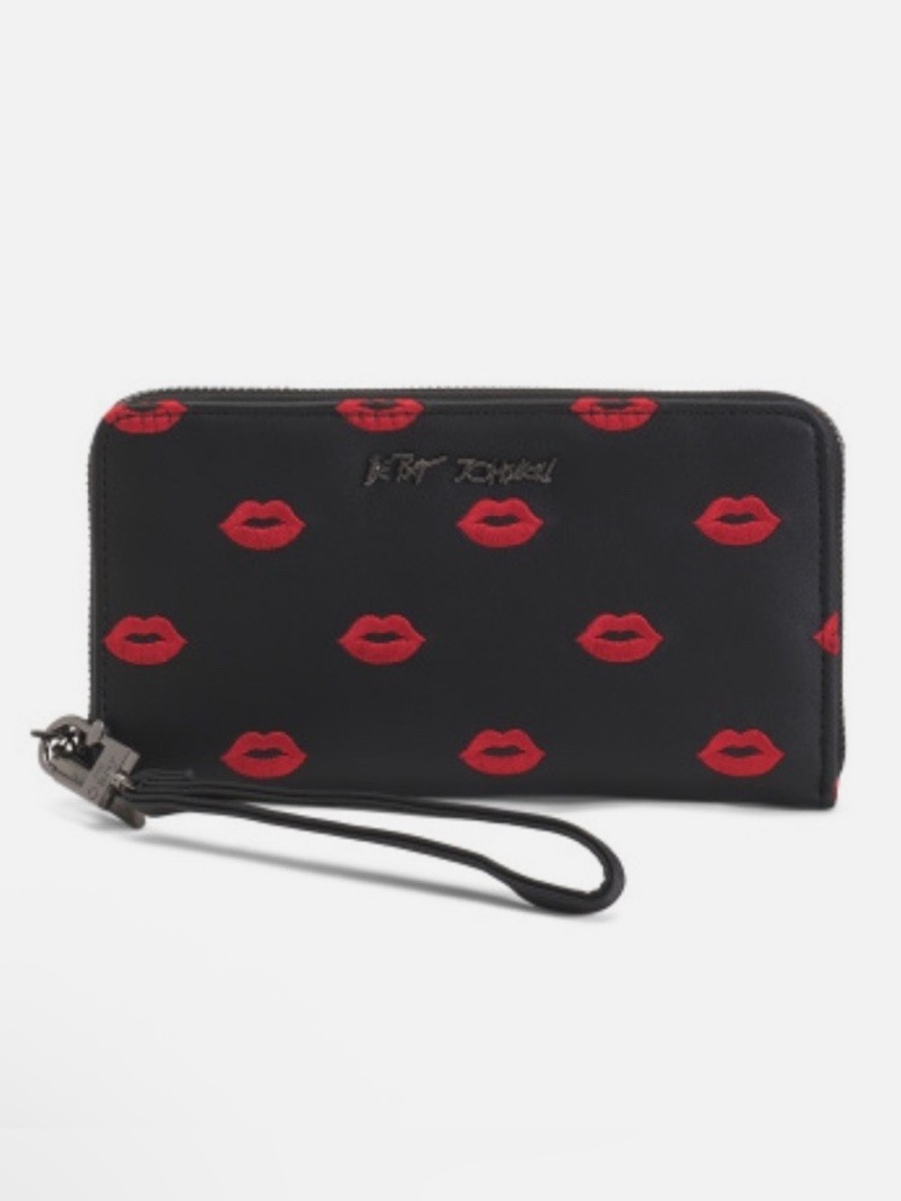 Betsey Johnson Black With Red Lips Embroidered Zip-Around Wristlet Wallet – NWT